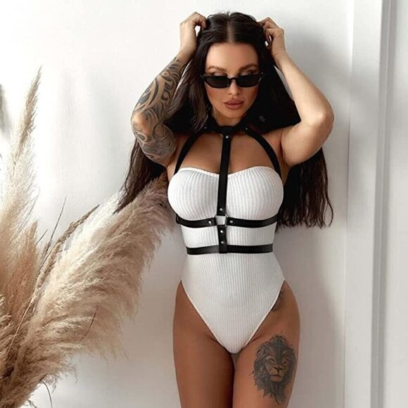 𝅺BLACK Leather Waist Shoulder Harness Bra Belt Choker Slave Fetish Bondage NWT - Picture 6 of 8